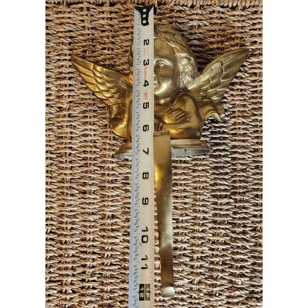 Vintage Large Heavy Brass Cherub Christmas Stocking Holder Shelf Hanging Decor